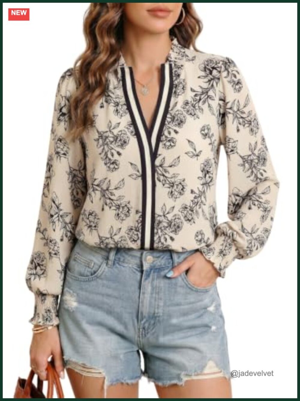 Boho Floral Ruffle V-Neck Blouse Lightweight Soft Long Sleeve Fall Top